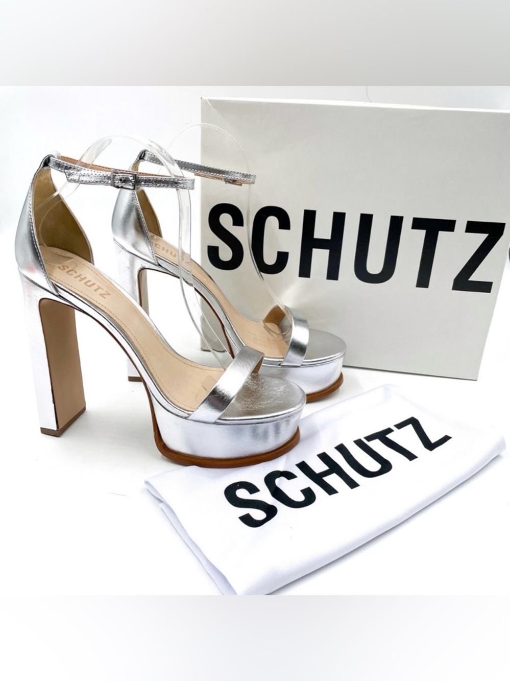 Schutz Suzy Lee Platform Sandals Metallic Silver Leather Heels Ankle Sz 8.5